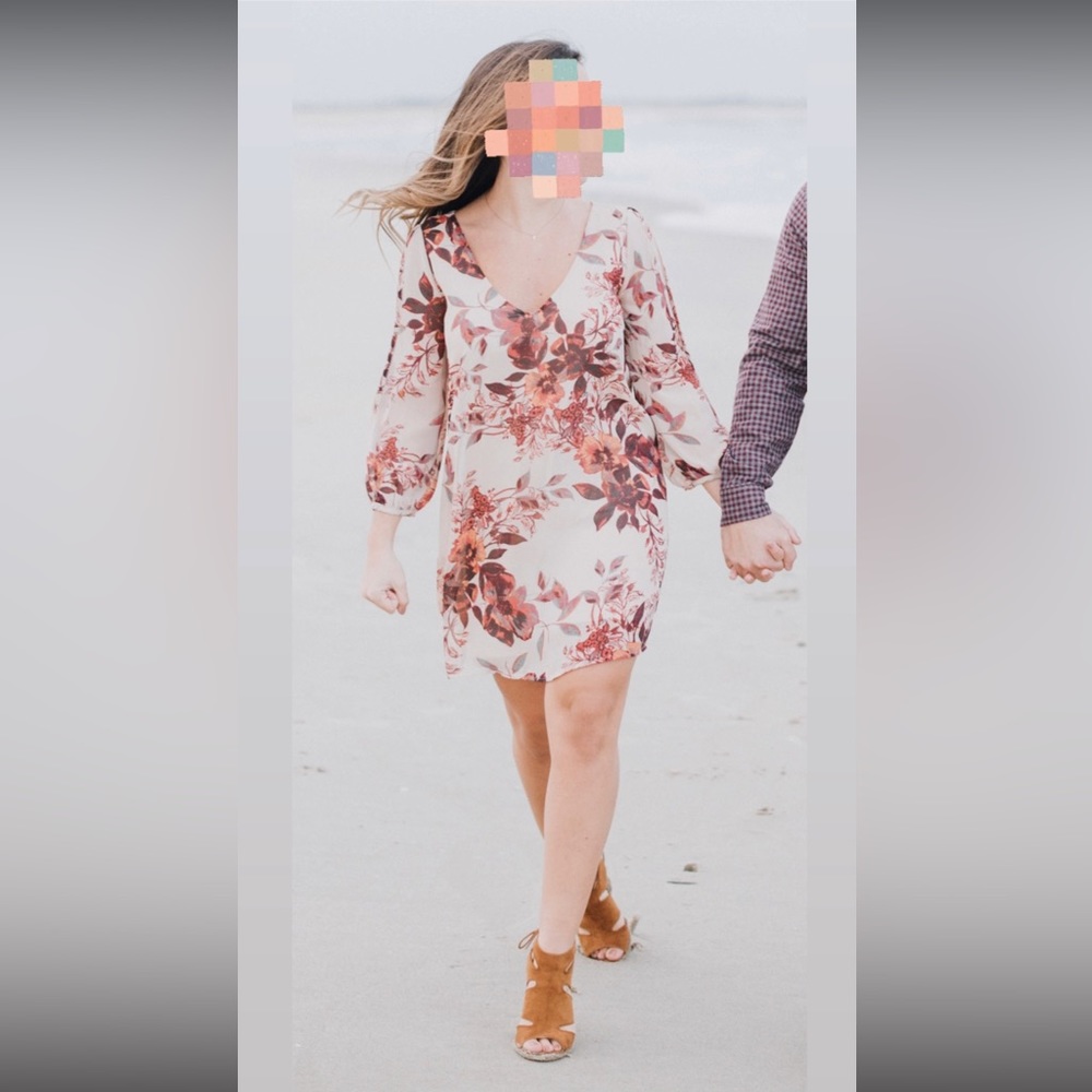 Lulus long sleeve mini dress. Size XS. Tan/cream with burgundy floral design.